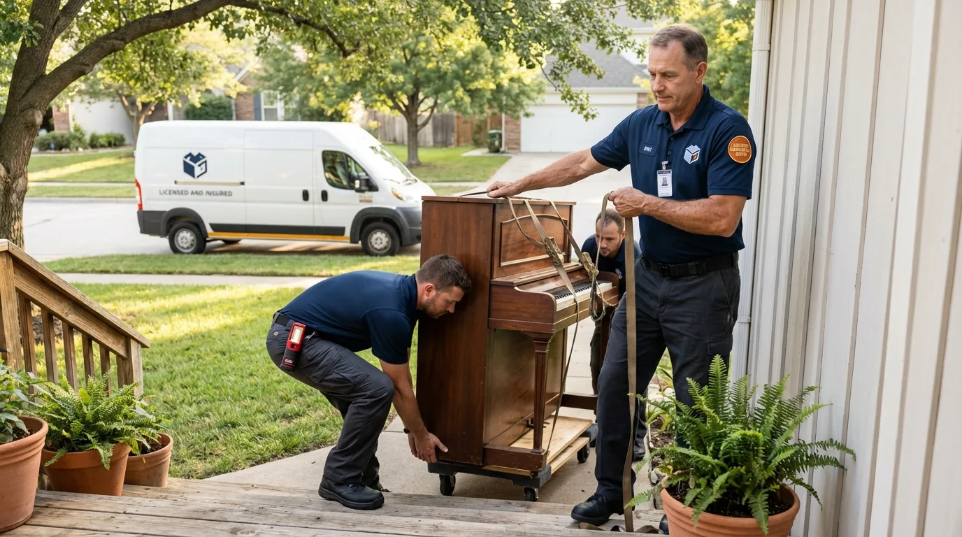Licensed piano movers securing grand piano in Catawba, SC