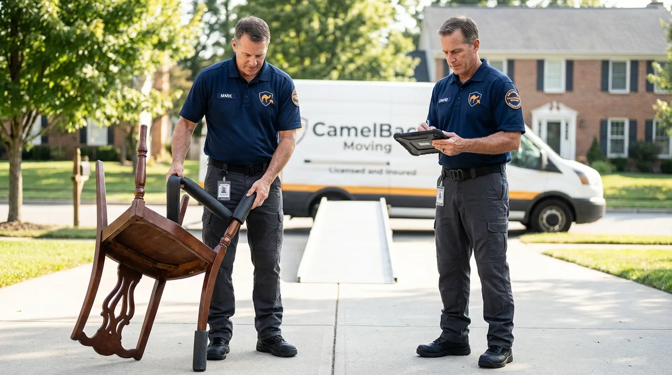 Movers inspecting furniture for damage prevention before loading in Catawba, SC