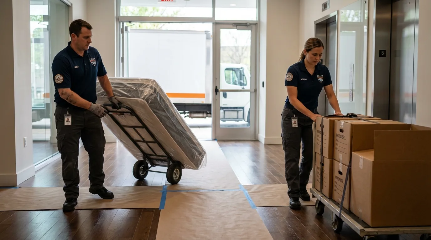 Professional apartment movers loading elevator in Catawba, SC